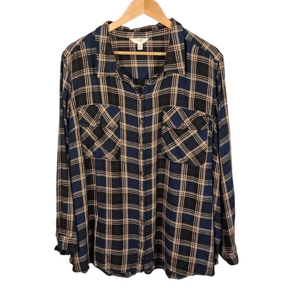 4X Navy Tan Plaid Flannel Button Down Tunic Soft Viscose Western Cowgirl Plus Sz - Picture 1 of 12